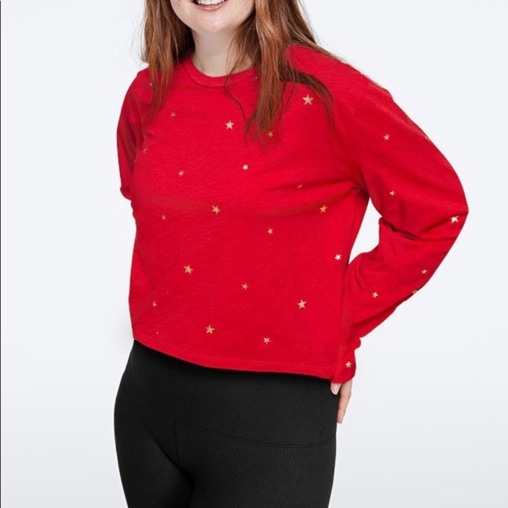 New VS PINK Brand large cropped long sleeve T-shirt red gold foil stars